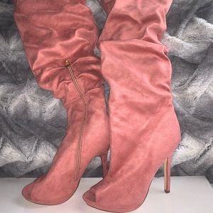 Pink suede peep toe thigh high